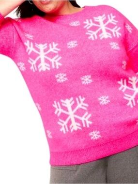 Lane Bryant Bright Pink Snowflake Knit Crew Neck Pullover Sweater NWT 26/28